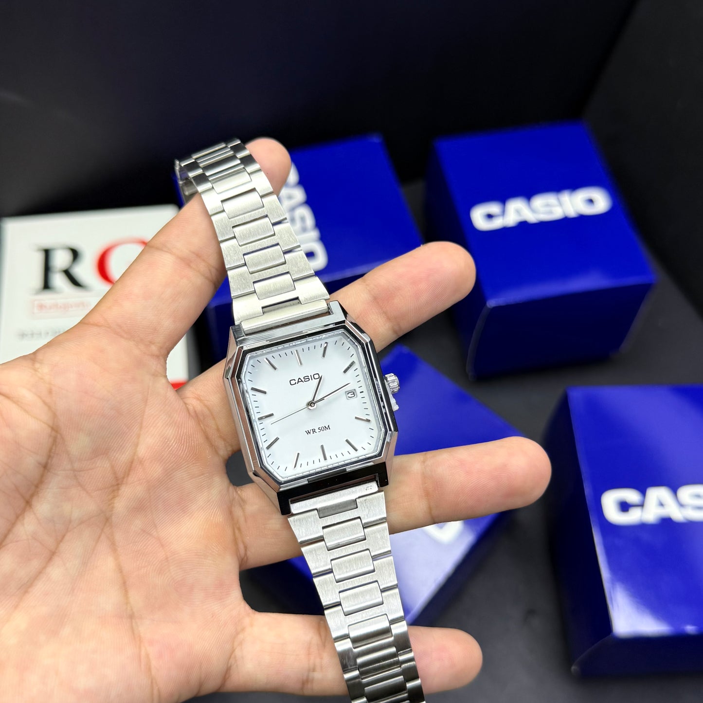 CASIO UNISEX RETRO VINTAGE RECTAGULAR ANALOGO-PLATEADO-BLANCO